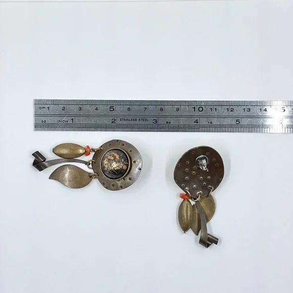 NWOT - Artisan BOHO Brass Tone Textured Metal Dangle Post Earrings - Picture 4 of 6